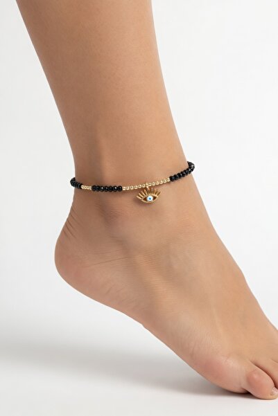 LYKOS Black Color Beaded Anklet with Evil Eye Figure