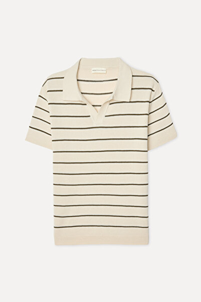 Mudo Men's Off-White Striped Polo Collar Short Sleeve Knit Sweater