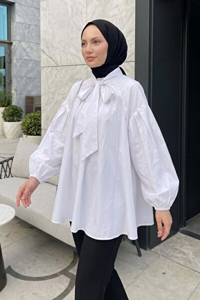 Salih Çelebi Reglan Sleeve Bow Collar Tunic 3003 - White