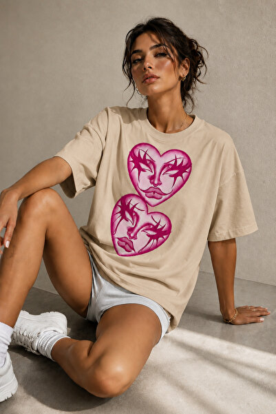 ArtYus Tricou oversize unisex cu imprimeu cu siluetă de inimă roz – Tricou ca...