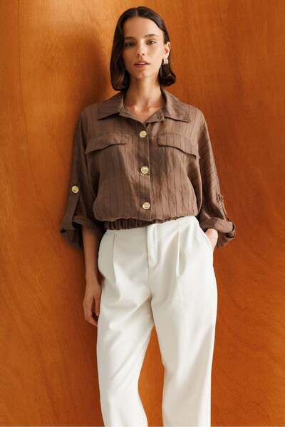 Mixray 4911 Women's Safari Curled Sleeve Slightly Transparent Crop Shirt Brown