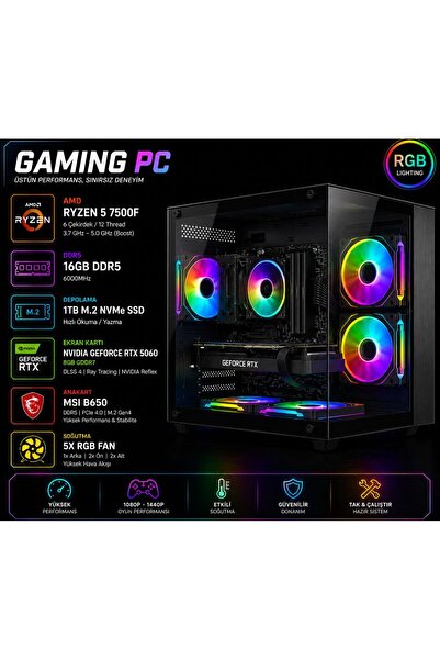Apphirex Blood X75 Ryzen 5 7500F 16GB DDR5 Ram 1TB M2 SSD RTX5060 Masaüstü Oy...