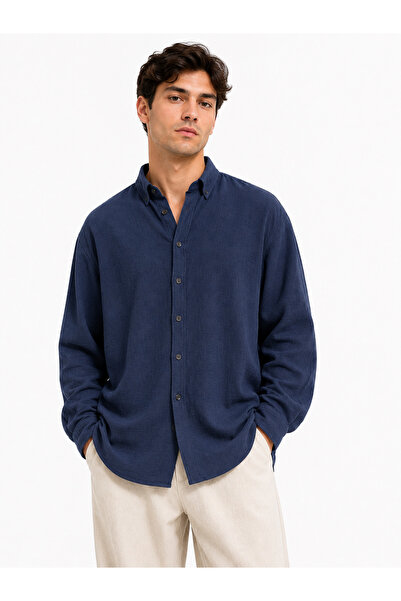 arden wear Keten Lacivert Oversize Erkek Gömlek