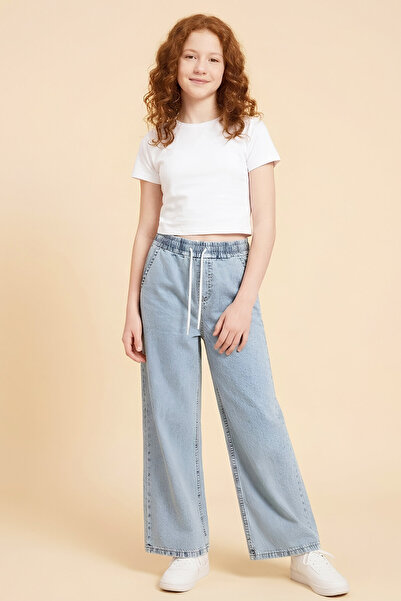 MODANINO Pantaloni din denim cu croială largă pentru fete, cu talie elastică ...