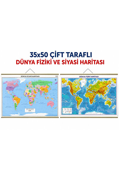 TOMBİ-X 35x50 Çift Taraflı Dünya Haritası Fiziki ve Siyasi Duvar Haritası Askılı