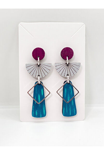 OEM Cercei handmade Geometrici, turcoaz, magenta, pictati pe lemn, metal hipo...