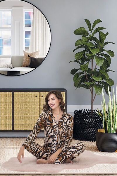 IZABEL Lingerie Brown S-M-L-Xl Size Black Line Patterned Women's Long Pajama Set