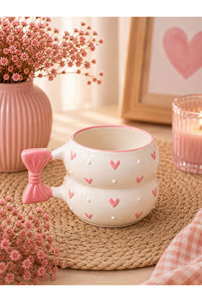 KUPART SERAMİK FİYONK KULP PEMBE NOKTALI KALP DESENLİ ÖZEL KABARTMALI TAMAMIY...