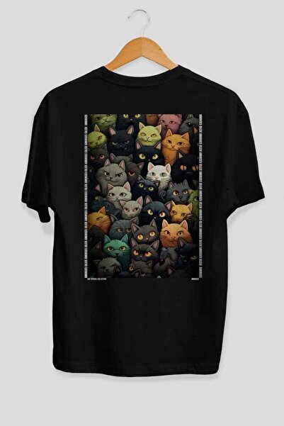 Ankhises For the Love of Cats 120 Cat Printed Black Oversize T-Shirt 100% Cot...