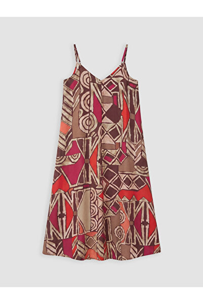LC Waikiki Brown V-Neck Linen Blend Strap Dress