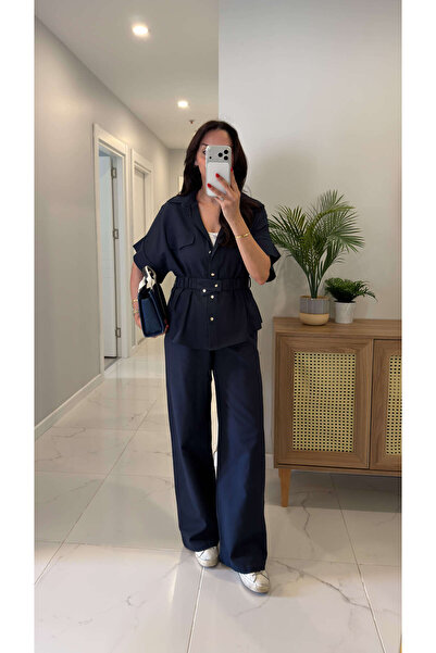 BİRCANÇİL Wesoly Navy Blue Belt Detailed Shirt and Trousers Set