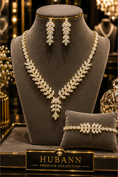 HUBANN Gold Royal Leaf Markiz Kesim Zirkon Taşlı Pırlanta İşçiliği 3'lü Takı ...