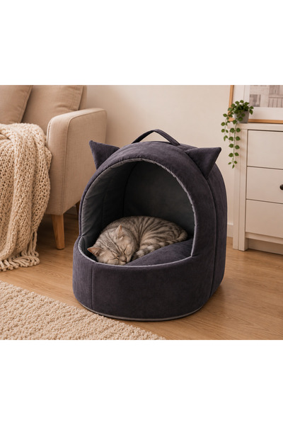 Mimama Kulaklı Kedi Evi Kapalı Kedi Yatağı İç Minderli Gri Mağara Yatak