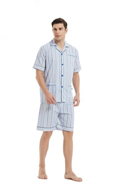Global Pijama scurtă de bărbați din bumbac, cu mânecă scurtă, model cu dungi ...