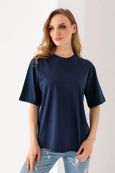 GİYSA Women's Crew Neck Cotton Basic T-Shirt Navy Blue - 925001