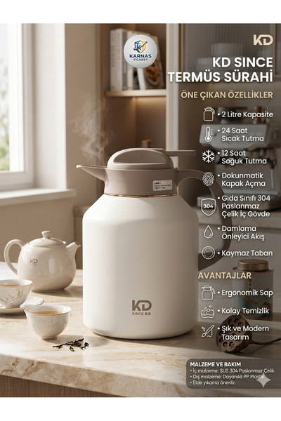 KD Vacuum 2 litre termos 24 saat sıcak 48 saat soğuk bir şekilde muhafaza eder