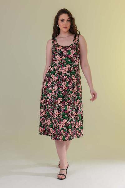 Madwilo Women's Pink Green Floral Pattern Strap Plus Size Dress