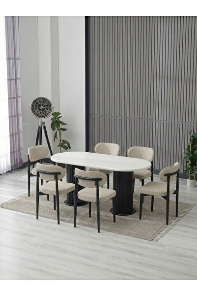 JoyMassa AURA BOHEM MASA TAKIMI 90X180 MDF TRAVERTEN MASA VE 6 ADET POLO SAND...