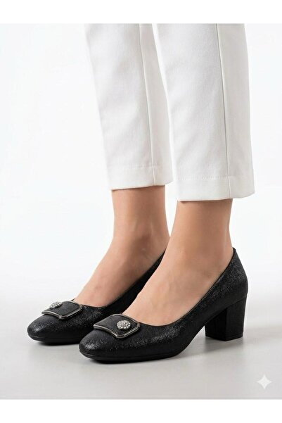 Lütfi Women's Black Thick Heel Comfortable Fit Heeled Shoes