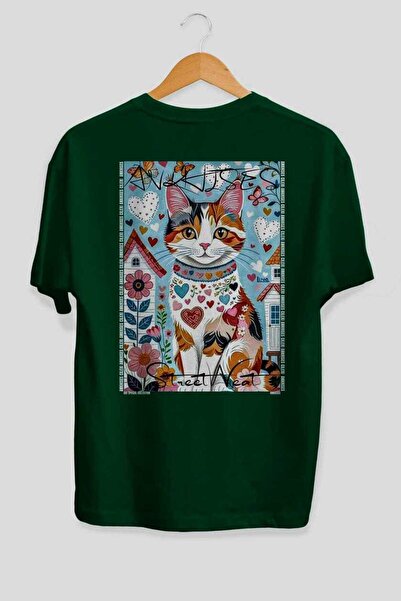 Ankhises For the Love of Cats 102 Cat Printed Green Oversize T-Shirt 100% Cot...