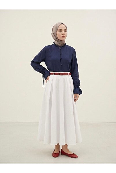 Foremia Sleeve Tunnel Collar Ruffle Tunic-Navy Blue