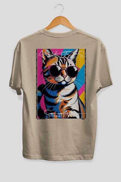 Ankhises For the Love of Cats 13 Cats Printed Beige Oversize T-Shirt 100% Cot...