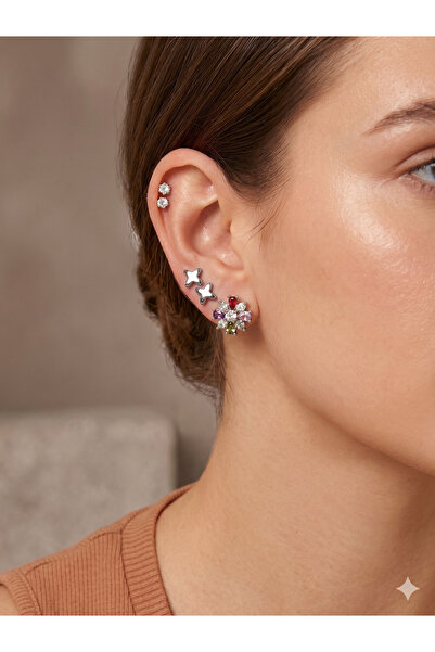 BİJU YILMAZ 26Clk16 Silver Steel Earring Set with Star and Colored Stone Detail