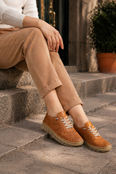 SEFERİ Women's Tan Genuine Leather Flexible Lace-Up Sneakers - Comfortable Ca...