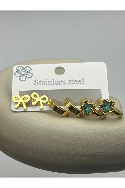 BİJU YILMAZ 26Clk66 Green Star Stone Gold Steel Earring Set