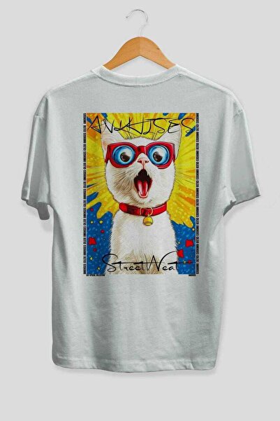 Ankhises For the Love of Cats 36 Cats Printed White Oversize T-Shirt 100% Cot...
