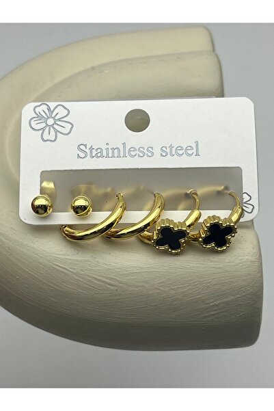 BİJU YILMAZ 26Clk60 Black Clover Detailed Gold Steel Earring Set