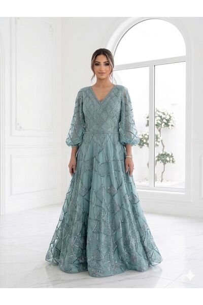sea gulf Fully Beaded Evening Gown with Sheer Sleeves and Fully Lined