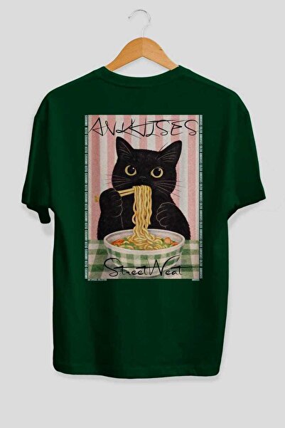 Ankhises For the Love of Cats 28 Cats Printed Green Oversize T-Shirt 100% Cot...