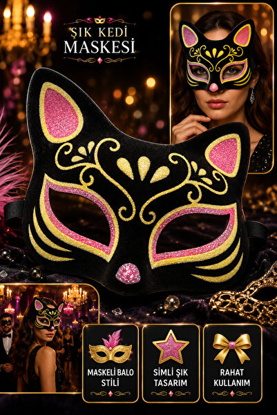 Tamsena Store Siyah Süet Kedi Maskesi Pembe Sarı Simli Maskeli Balo Karnaval ...