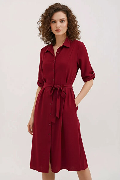 Efnaz style Women's Shirt Collar Belted Burgundy Dress