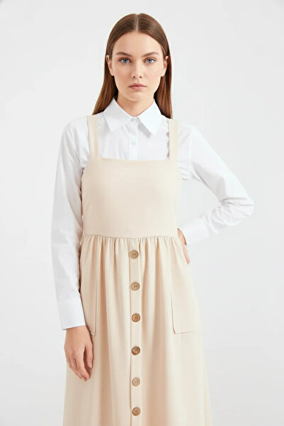 buğrahayalin Women's Shirt Collar Strap Cream Dress