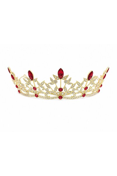 OEM Tiara aurie cu cristale rosii marquise si frunze ornate