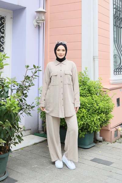 NİSUM MODA Two-Pocket Shirt Cotton Linen Set