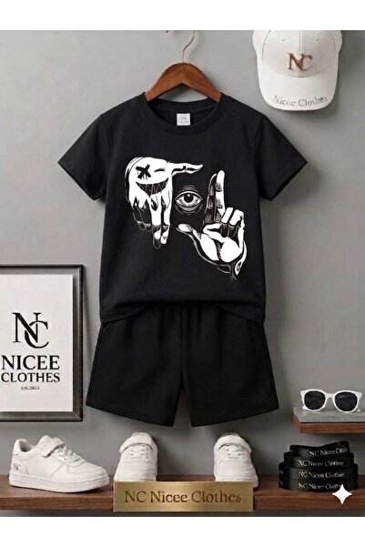 NC Nicee Clothes Summer Children's T-Shirt Shorts Unisex (White Black Hand Ey...