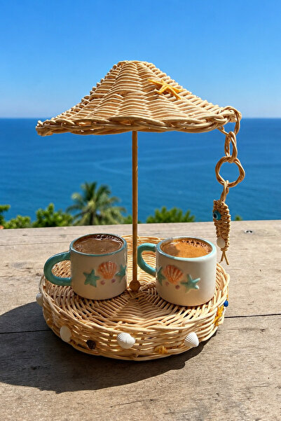 MaviMarinUrla El Yapımı Rattan Bambu Bali Şemsiyeli Sunumluk,Deniz Kabuklu De...