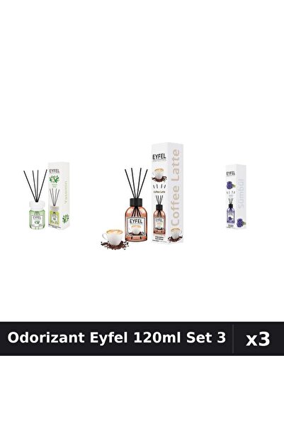 Eyfel Set 3 Odorizant Camera cu Betisoare 120ml - Iasomie, Cafea, Zambile