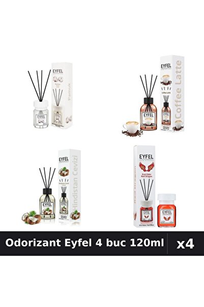 Eyfel Set 4 Odorizant Camera Betisoare 120ml - Bumbac, Cafea, Nucă de Cocos, ...