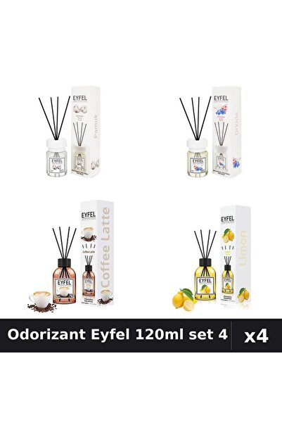 Eyfel Set 4 Odorizant Cameră Betișoare 120ml - Bumbac, Orhidee, Cafea, Lămâie
