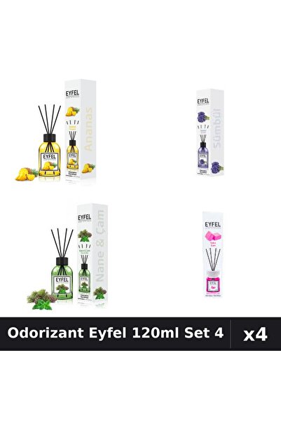 Eyfel Set 4 Odorizant Cameră Betișoare 120ml - Ananas, Zambile, Pin Mentă, Bu...