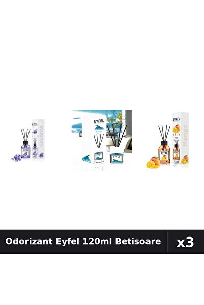Eyfel Set 3 Odorizant Camera Betisoare 120ml - Lavandă, Ocean, Mango