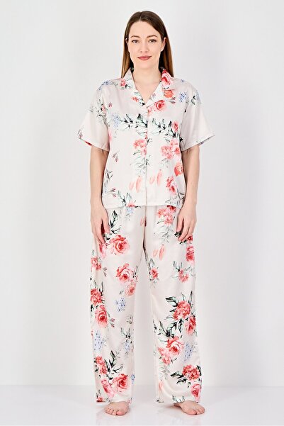 Kathy Ireland Women 2 Pieces Floral Print Short Sleeve Shirt With Pants Sleep...
