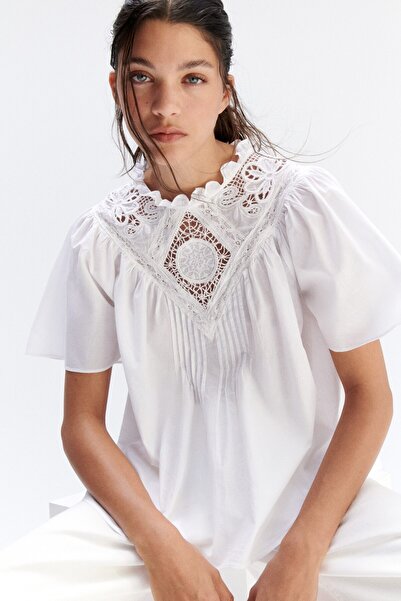 H&M Pamuklu ve İşlemeli Bluz