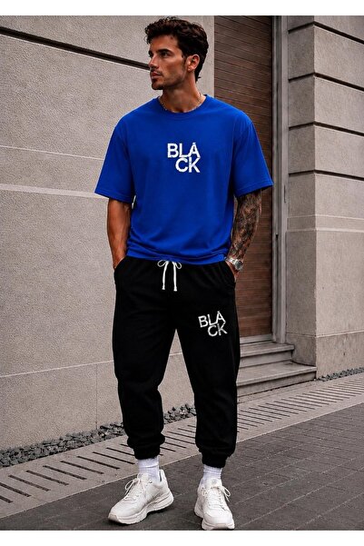 FAEL LİFE Unisex Wide Cut Tracksuit and T-Shirt Black Printed Set