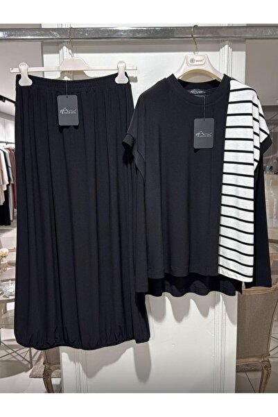 Nurcan Çetin 26619 Striped Sleeveless Tunic Underwear Skirt 3-Piece Set