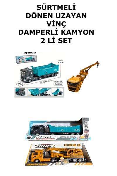 alpmodel Sürtmeli Dönen Uzayan Vinç Damperli Kamyon 2 Li Set 25 Cm
